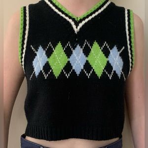 Knitted Y2K Argyle Sweater Vest (black, green + blue, size M)